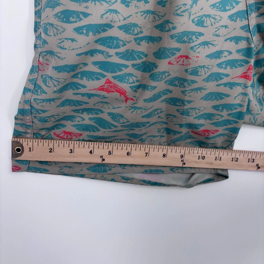 AFTCO Swim‎ Trunks Mens S Tan Green Pink Fish Print Boatbar Shorts Fishing Beach